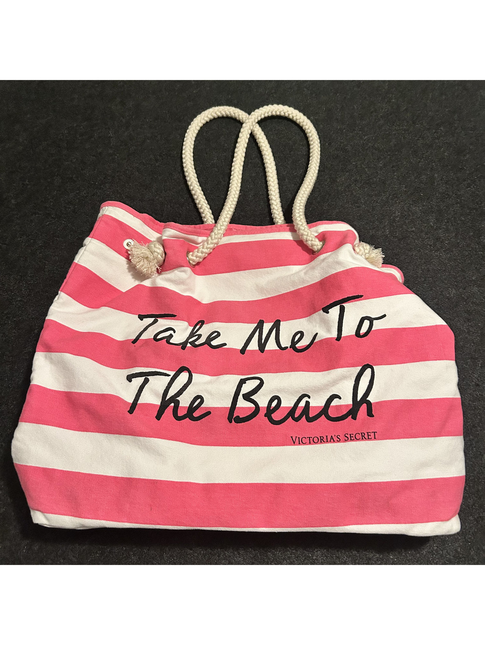 Victoria's Secret Pink & White Striped "Take Me To The Beach" Canvas Tote Bag